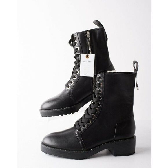 Zara Womens Black Leather Moto Biker Ankle Boots - Picture 5 of 8